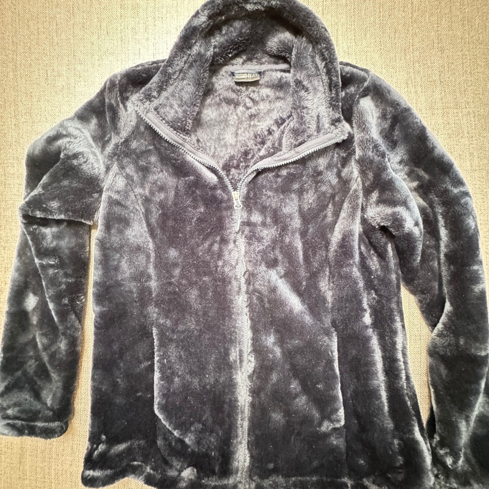 32 Degrees Heat Womens Gray Faux Fur Full Zip Fleece Jacket Mock Neck Size M